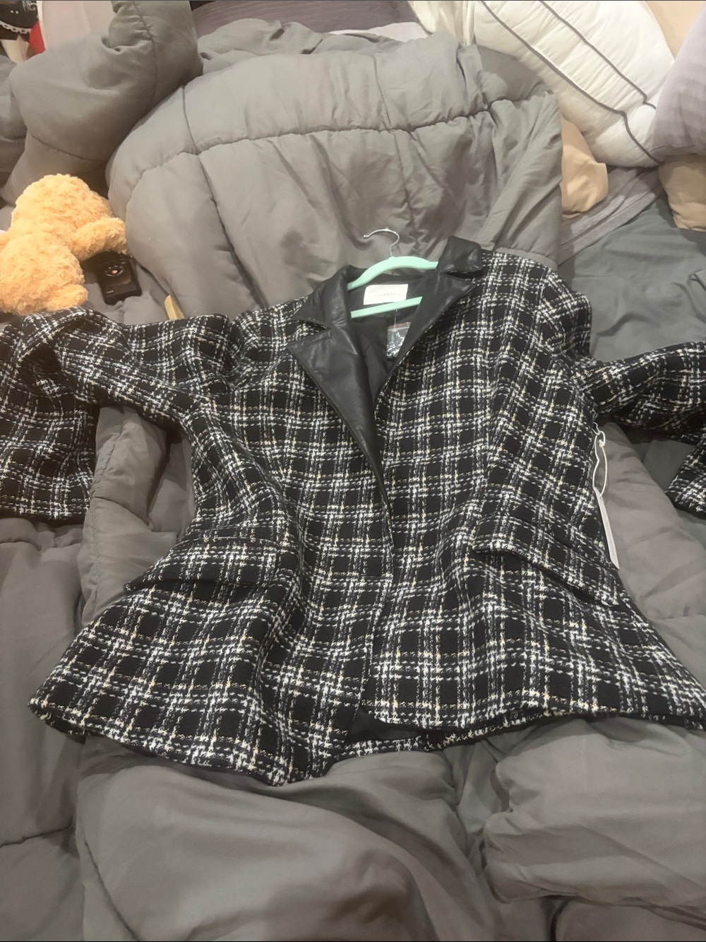Classic Black & White Tweed Blazer with Faux Leather Trim